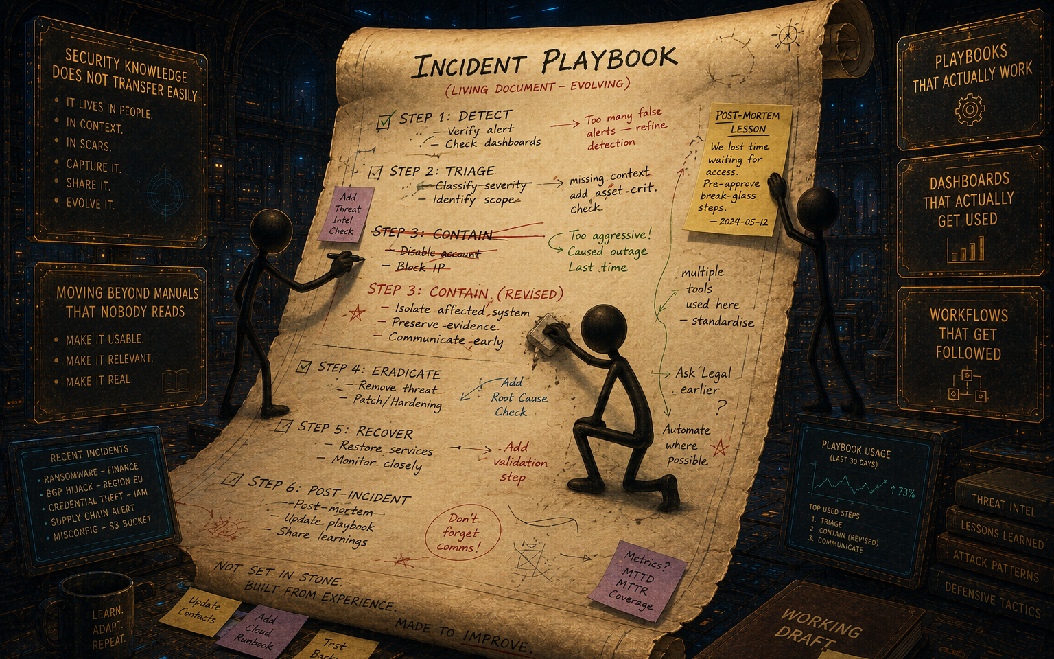 A stick figure is writing on a giant scroll labeled 'Incident Playbook'. Another stick figure is erasing a step and writing a better one. A third stick figure is adding a 'Post-Mortem Lesson' sticky note to the margin. The playbook is shown as a messy, evolving document, not a pristine book.