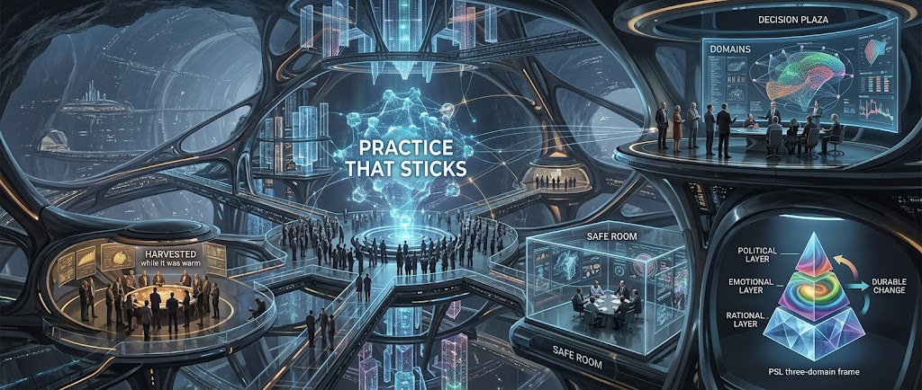 A wide, panoramic sci-fi command center featuring biomorphic architecture and distinct, labeled stations that visually map out how organizational practices become durable change across rational, emotional, and political layers.
