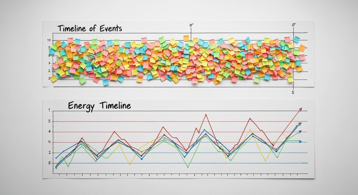 A large diagram drawn on a white wall. The top half is a horizontal timeline labelled "Timeline of Events", filled with a dense cluster of multi-coloured sticky notes. The bottom half is a chart titled "Energy Timeline", featuring seven horizontally distinct, hand-drawn squiggly lines, each in a different colour, showing dramatic rises and sharp falls.