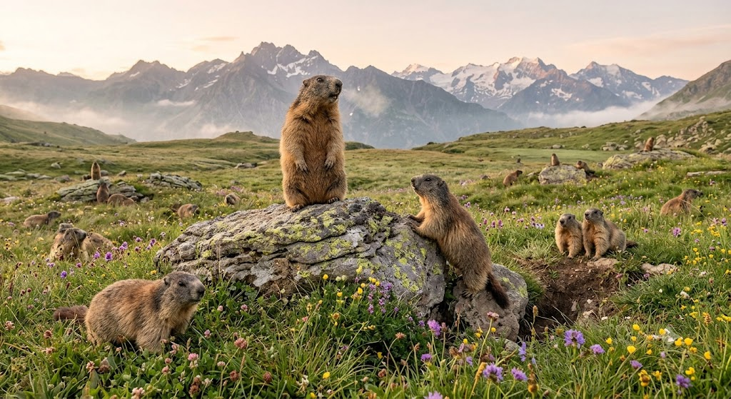 an Alpine marmot stood upright on a rock in a high meadow, whistling the alarm while the rest of the colony forages, and the watch passing between them.