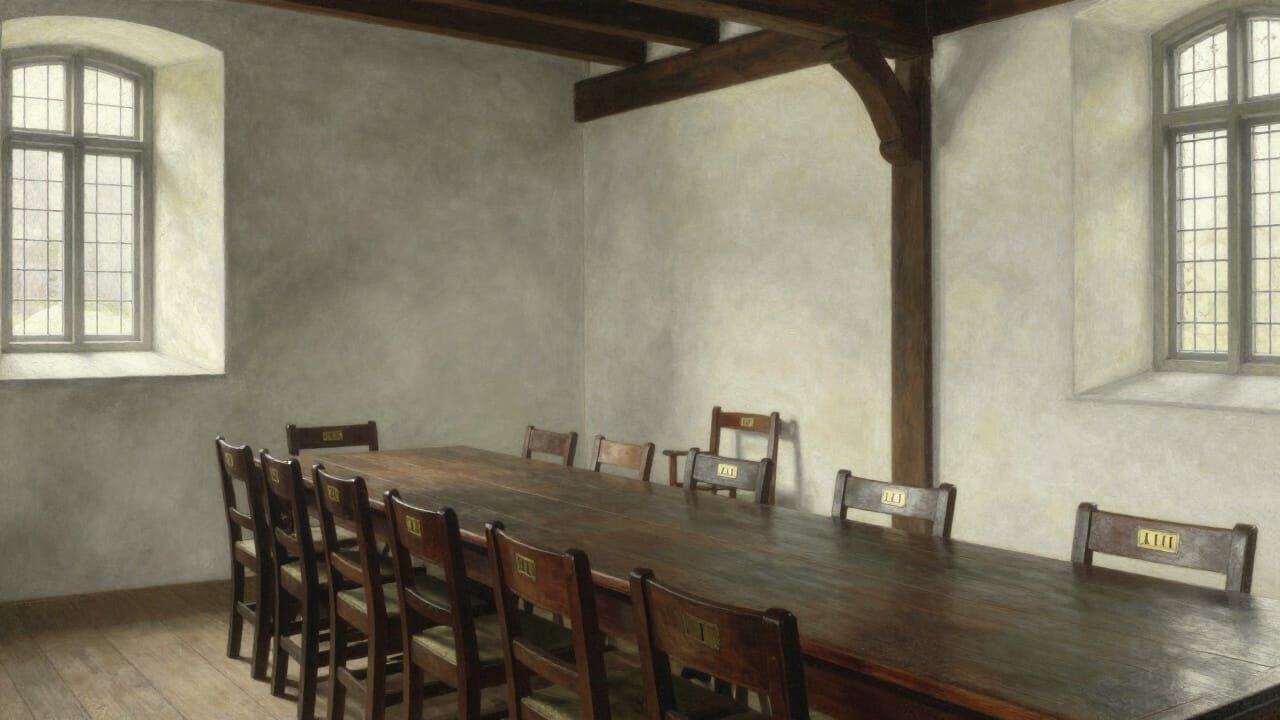 Pale lime-washed walls, dark wooden beams, a long oak table receding into cool silvery northern light. Plain identical wooden chairs ranged along the near side of the table, the row continuing past the edge of the frame; each visible chair carries a small brass nameplate, the foreground ones reading I, II, III. Set back from the table against the wall, not aligned with the others, stands a single plainer chair with a small brass plate reading XIII.