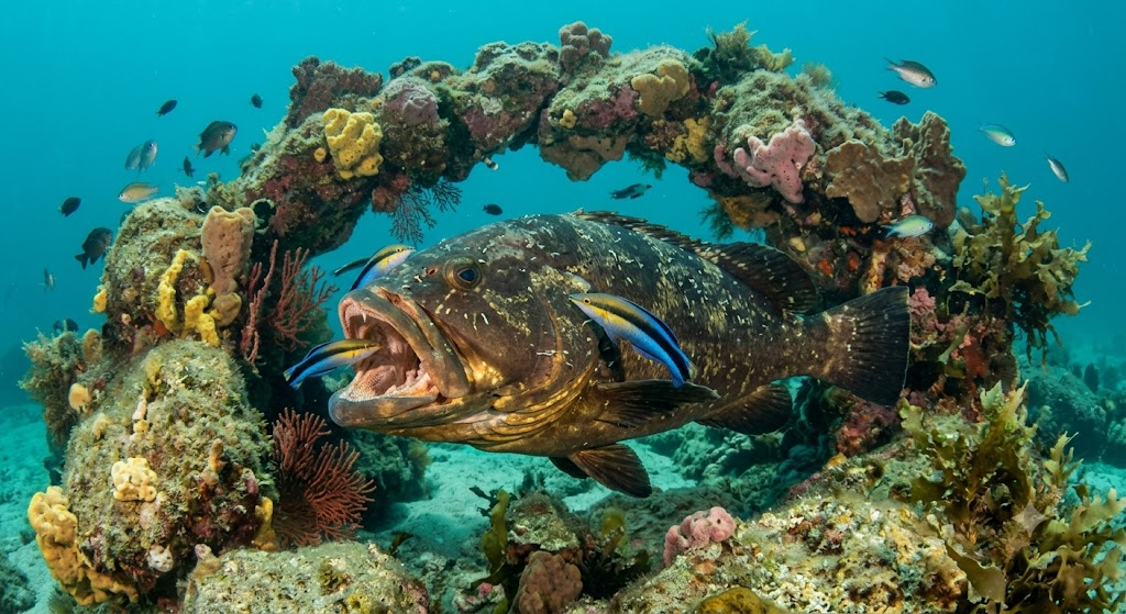 a Mediterranean cleaning station, a dusky grouper hanging still with its mouth open while a cleaner wrasse works inside it. Both Mediterranean, both real, and the station is a loop the pair return to.